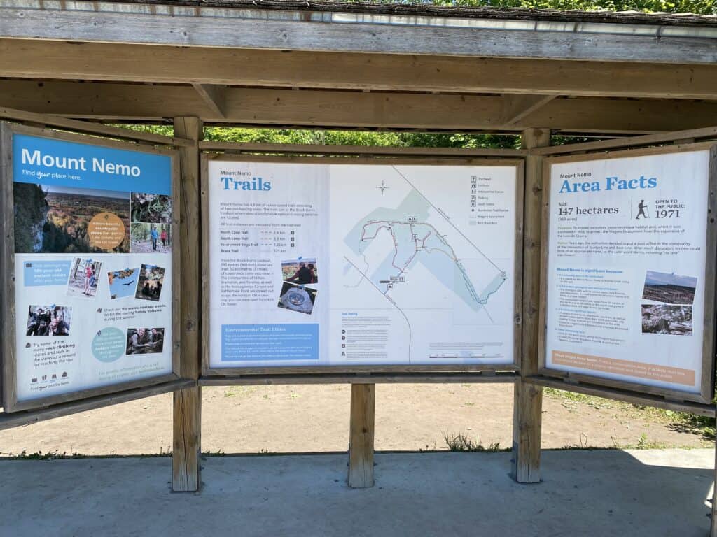 information board at entrance to mount nemo conservation area with photos, trail map and area facts.