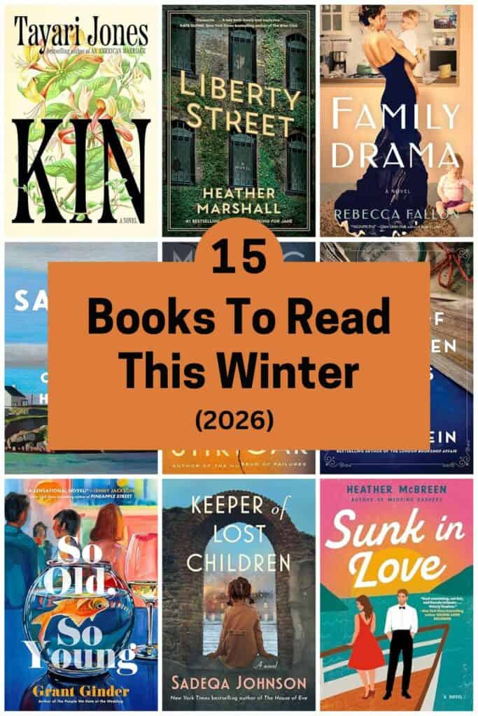 Pinterest image with grid of 9 book covers and text overlay reading "15 Books to Read This Winter (2026).