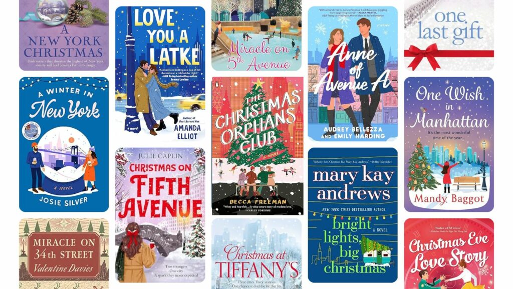 grid image of book covers for 21 Christmas Books set in New York City.