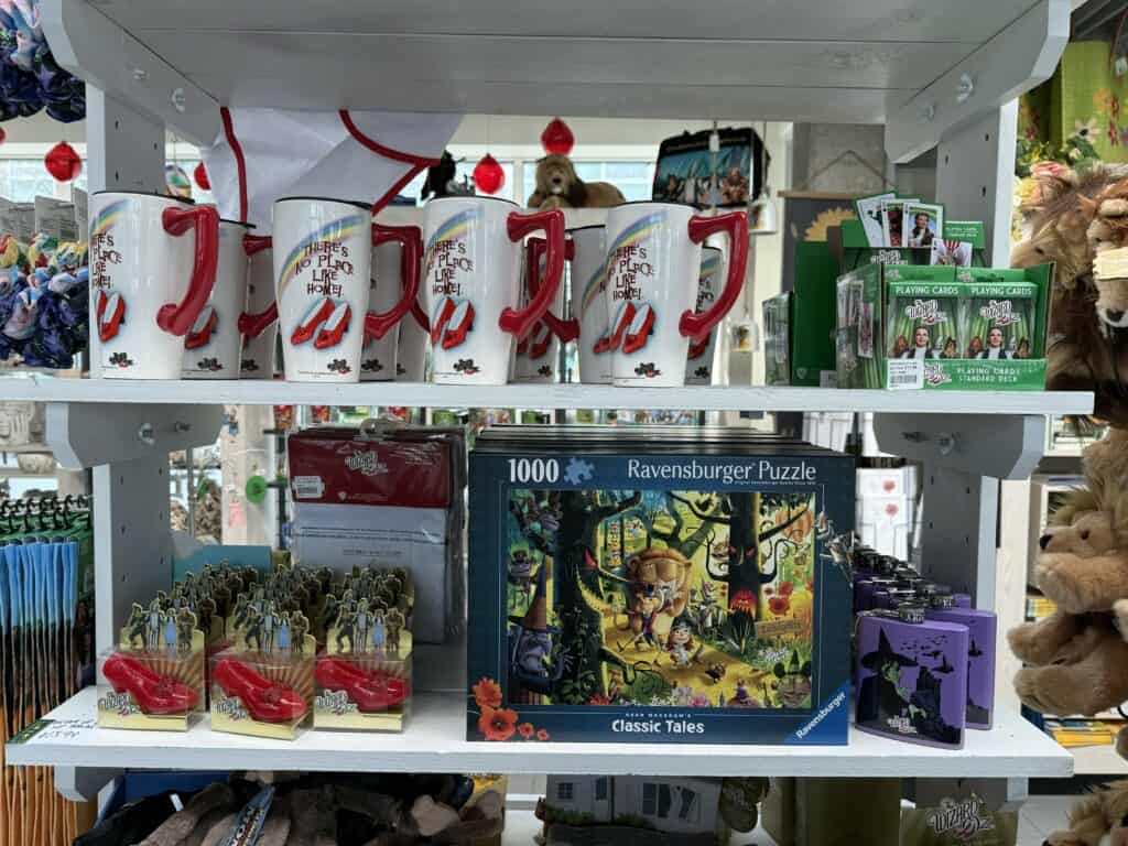 display shelf in the shop at the royal botanical gardens with Wizard of Oz themed merchandise.
