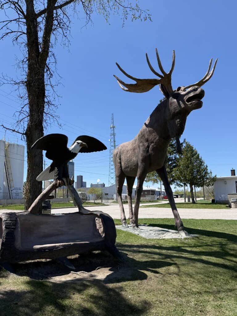 an eighteen foot tall sculpture of a moose beside one of a bald eagle in Dryden, Ontario.