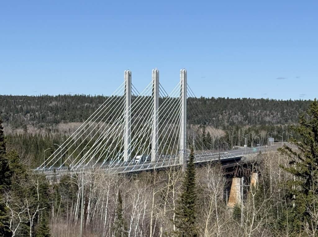 view of bridge from lookout tower in Nipigon, Ontario.
