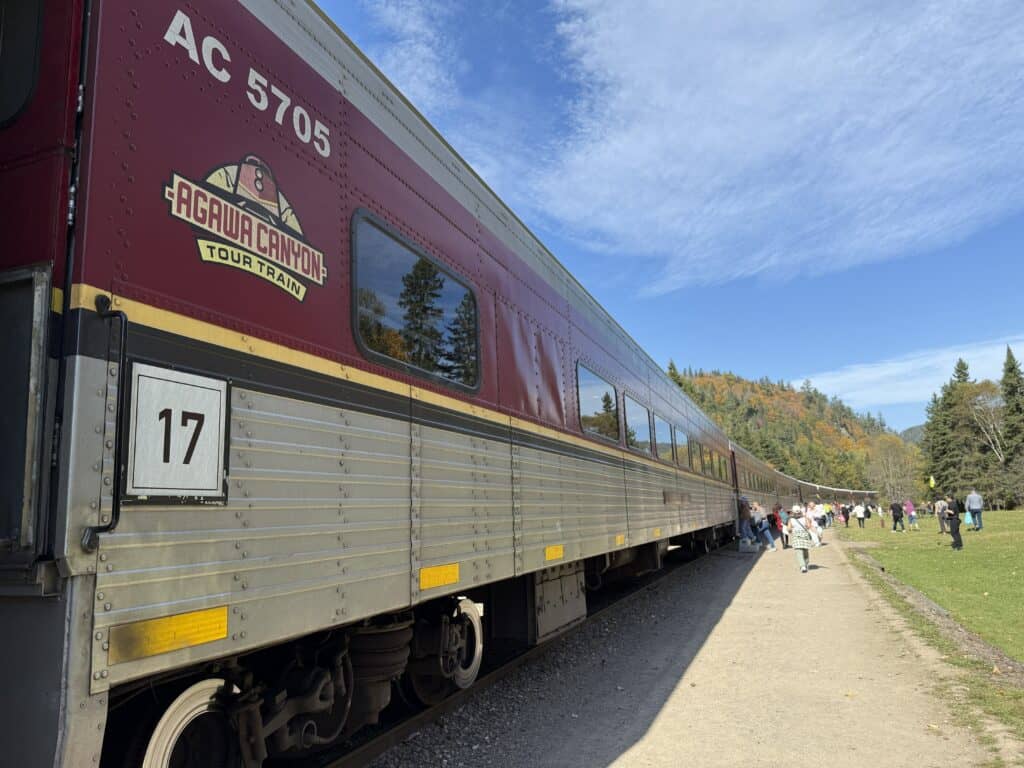 people walking alongside agawa canyon tour train while parked at agawa canyon park with blue sky and wispy white clouds and come fall trees in background.