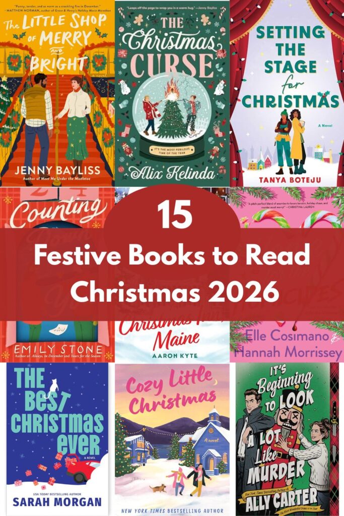 image for pinterest with grid of nine book covers and text overlay reading "15 Festive Books to Read Christmas 2026",